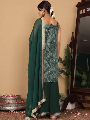 Bandhani Printed Beads and Stones Pure Silk Straight Kurta With Palazzo & Dupatta 6