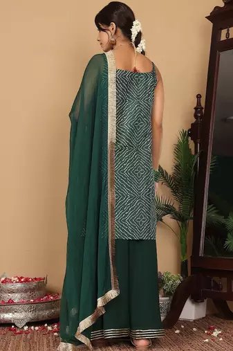 Bandhani Printed Beads and Stones Pure Silk Straight Kurta With Palazzo & Dupatta