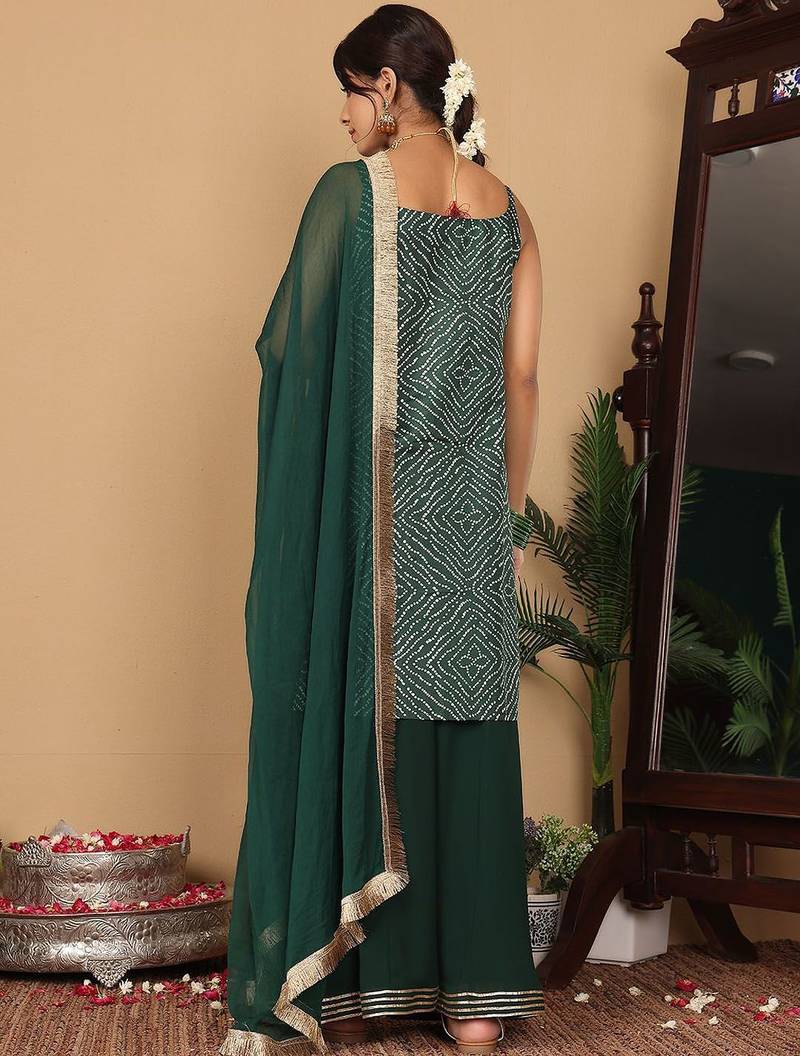 Bandhani Printed Beads and Stones Pure Silk Straight Kurta With Palazzo & Dupatta