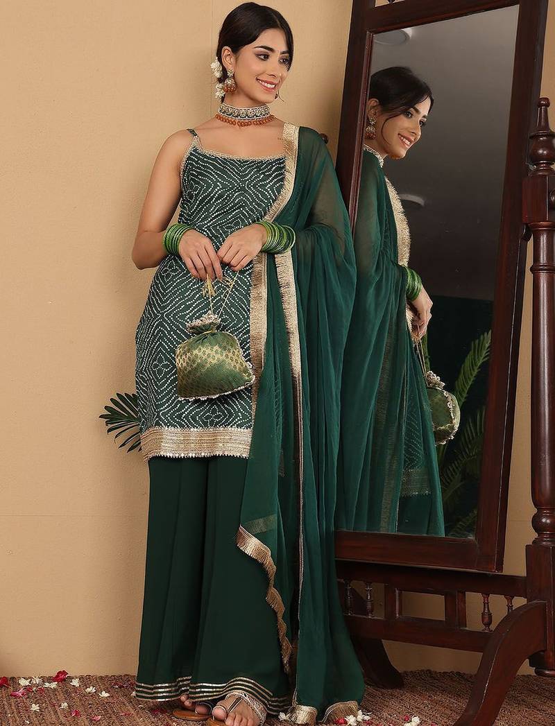 Bandhani Printed Beads and Stones Pure Silk Straight Kurta With Palazzo & Dupatta
