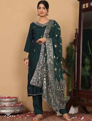 Green Embroidered Beads & Stones Pure Silk Straight Kurta with Trousers & Dupatta 1
