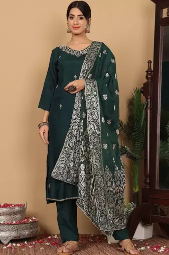 Green Embroidered Beads & Stones Pure Silk Straight Kurta with Trousers & Dupatta