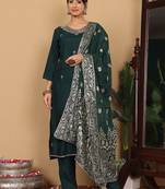 Green Embroidered Beads & Stones Pure Silk Straight Kurta with Trousers & Dupatta