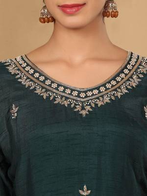 Green Embroidered Beads & Stones Pure Silk Straight Kurta with Trousers & Dupatta 2
