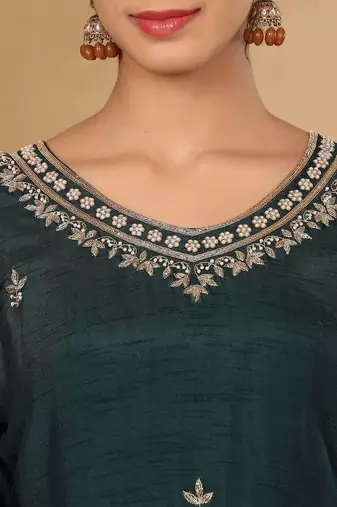 Green Embroidered Beads & Stones Pure Silk Straight Kurta with Trousers & Dupatta