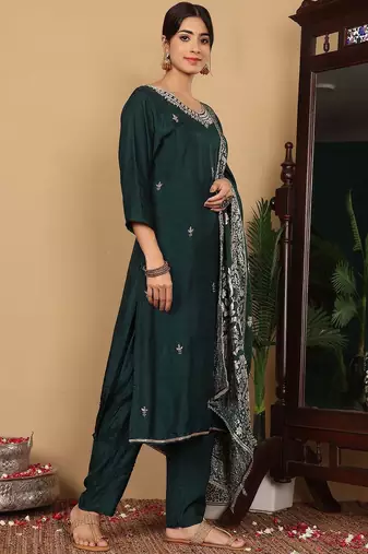 Green Embroidered Beads & Stones Pure Silk Straight Kurta with Trousers & Dupatta