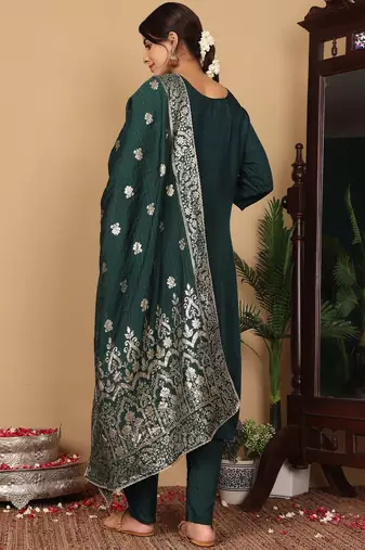 Green Embroidered Beads & Stones Pure Silk Straight Kurta with Trousers & Dupatta