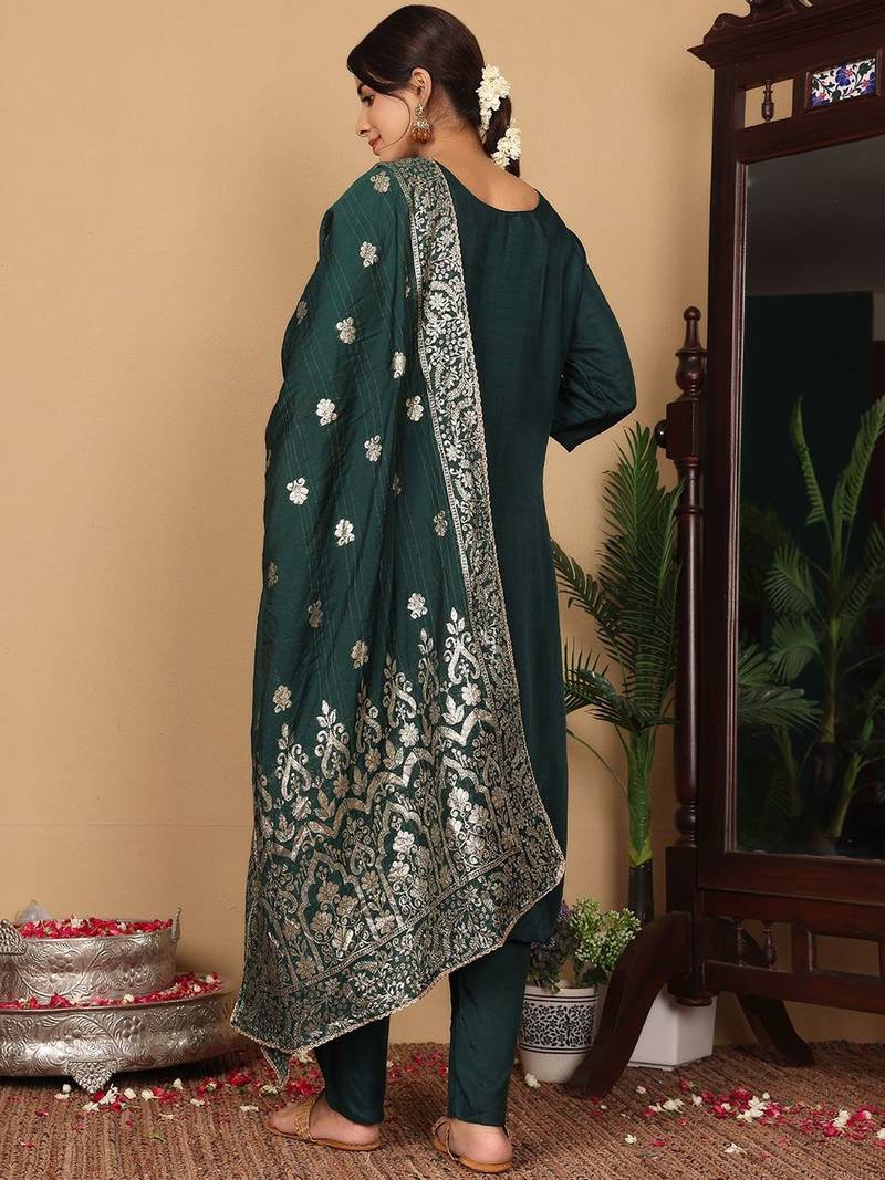 Green Embroidered Beads & Stones Pure Silk Straight Kurta with Trousers & Dupatta