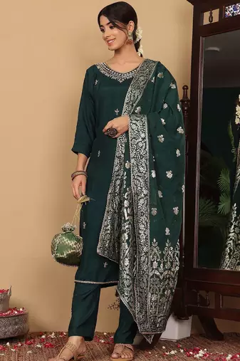 Green Embroidered Beads & Stones Pure Silk Straight Kurta with Trousers & Dupatta