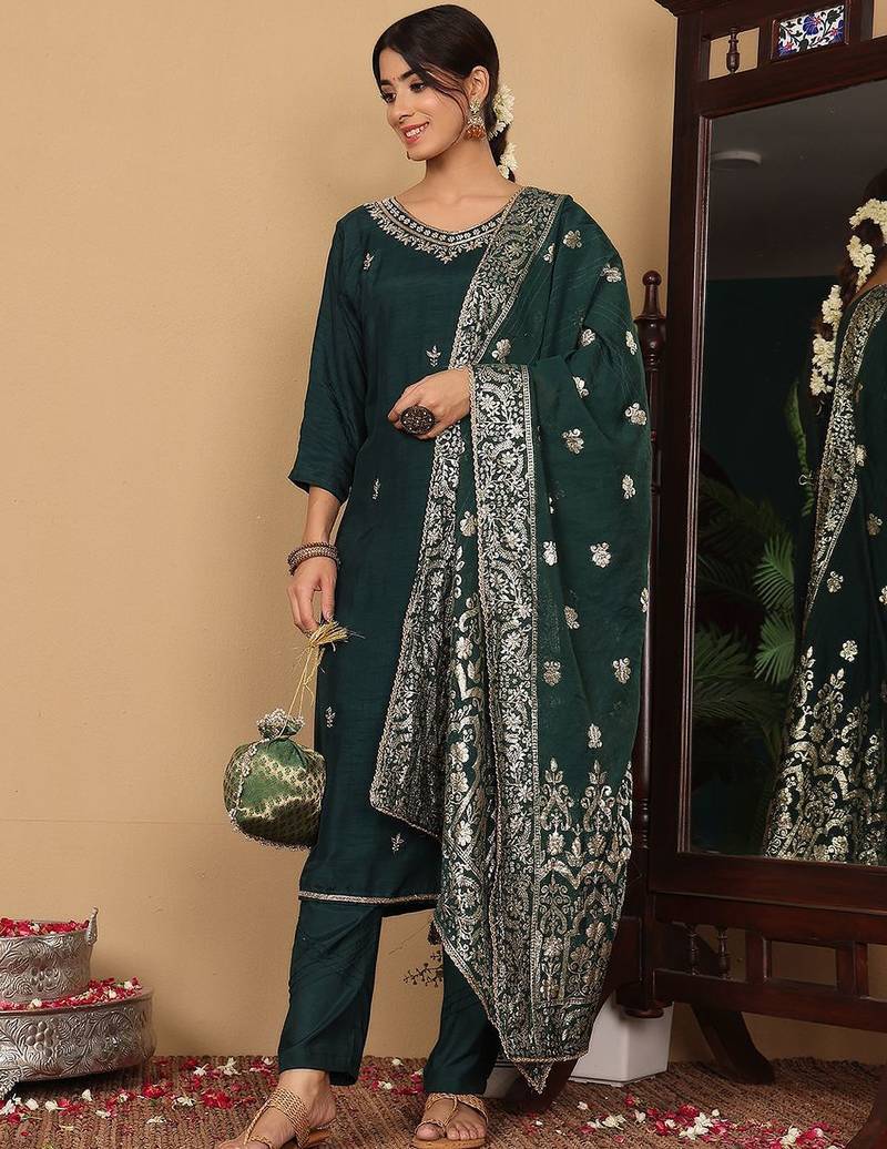 Green Embroidered Beads & Stones Pure Silk Straight Kurta with Trousers & Dupatta
