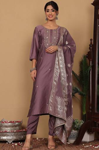 Ethnic Motifs Woven Design Pure Silk Kurta with Trousers & Dupatta
