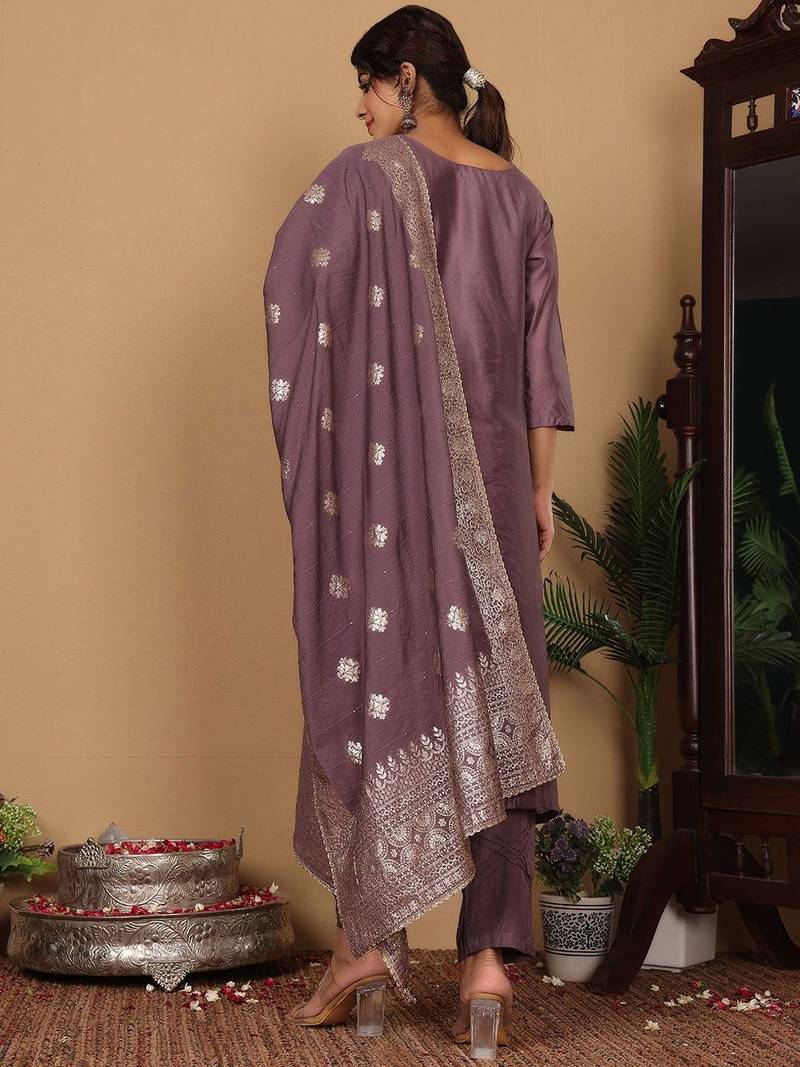 Ethnic Motifs Woven Design Pure Silk Kurta with Trousers & Dupatta