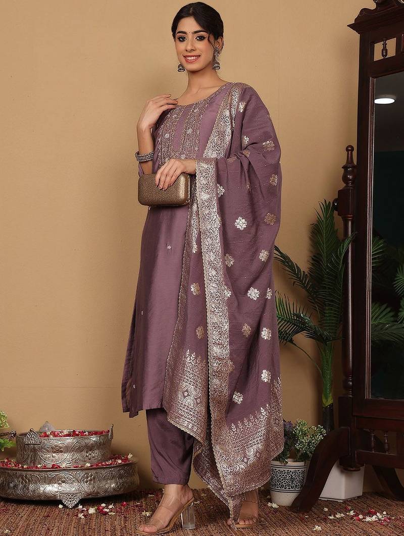 Ethnic Motifs Woven Design Pure Silk Kurta with Trousers & Dupatta