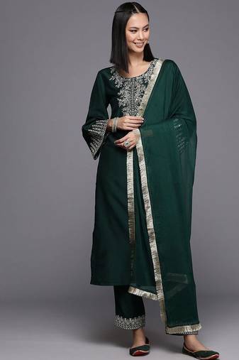 Floral Embroidered Sequinned Flared Sleeves Straight Kurta With Trousers & Dupatta