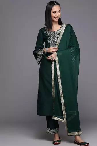 Floral Embroidered Sequinned Flared Sleeves Straight Kurta With Trousers & Dupatta