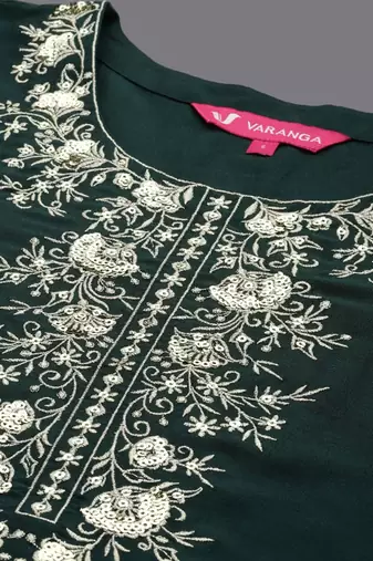 Floral Embroidered Sequinned Flared Sleeves Straight Kurta With Trousers & Dupatta