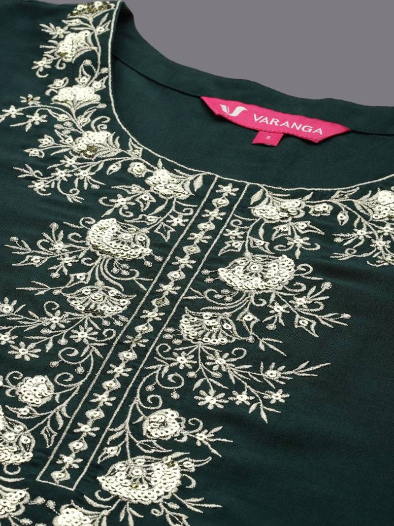 Floral Embroidered Sequinned Flared Sleeves Straight Kurta With Trousers & Dupatta