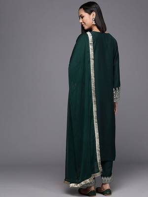 Floral Embroidered Sequinned Flared Sleeves Straight Kurta With Trousers & Dupatta 6