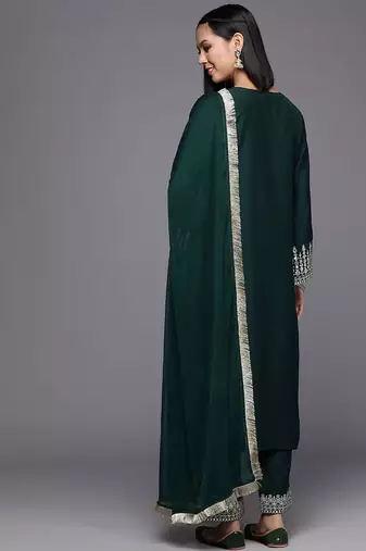 Floral Embroidered Sequinned Flared Sleeves Straight Kurta With Trousers & Dupatta