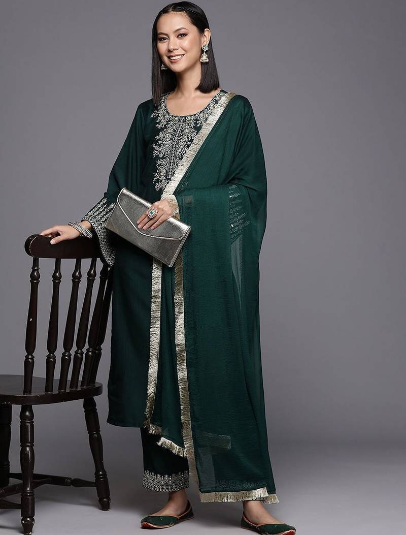 Floral Embroidered Sequinned Flared Sleeves Straight Kurta With Trousers & Dupatta