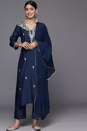 Floral Embroidered V-Neck Straight Kurta with Trousers & Dupatta