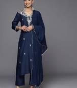 Floral Embroidered V-Neck Straight Kurta with Trousers & Dupatta