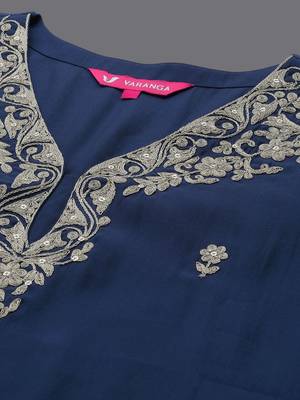 Floral Embroidered V-Neck Straight Kurta with Trousers & Dupatta 2