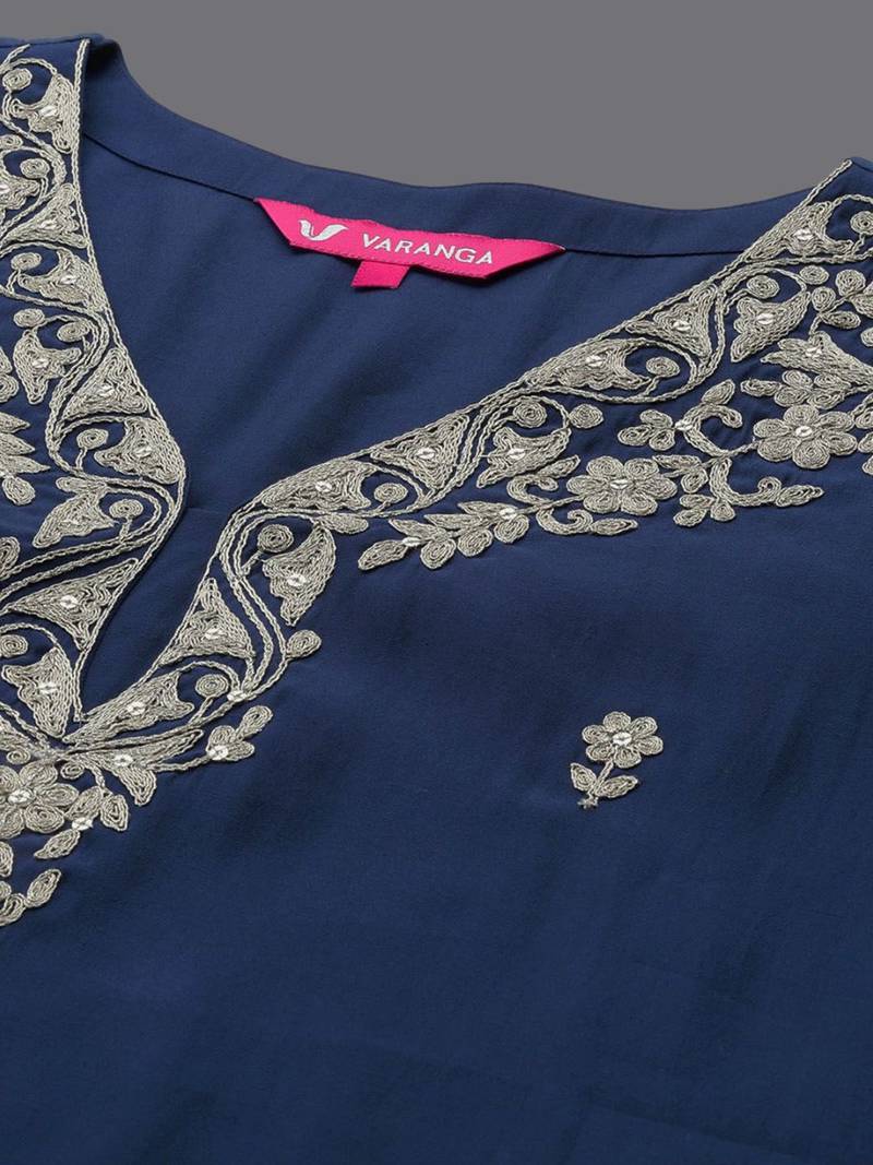 Floral Embroidered V-Neck Straight Kurta with Trousers & Dupatta