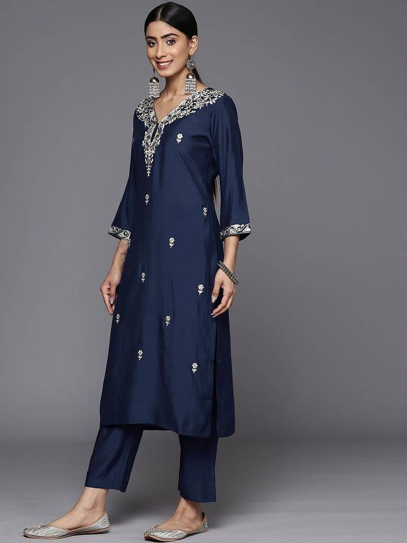 Floral Embroidered V-Neck Straight Kurta with Trousers & Dupatta