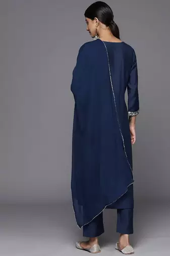 Floral Embroidered V-Neck Straight Kurta with Trousers & Dupatta