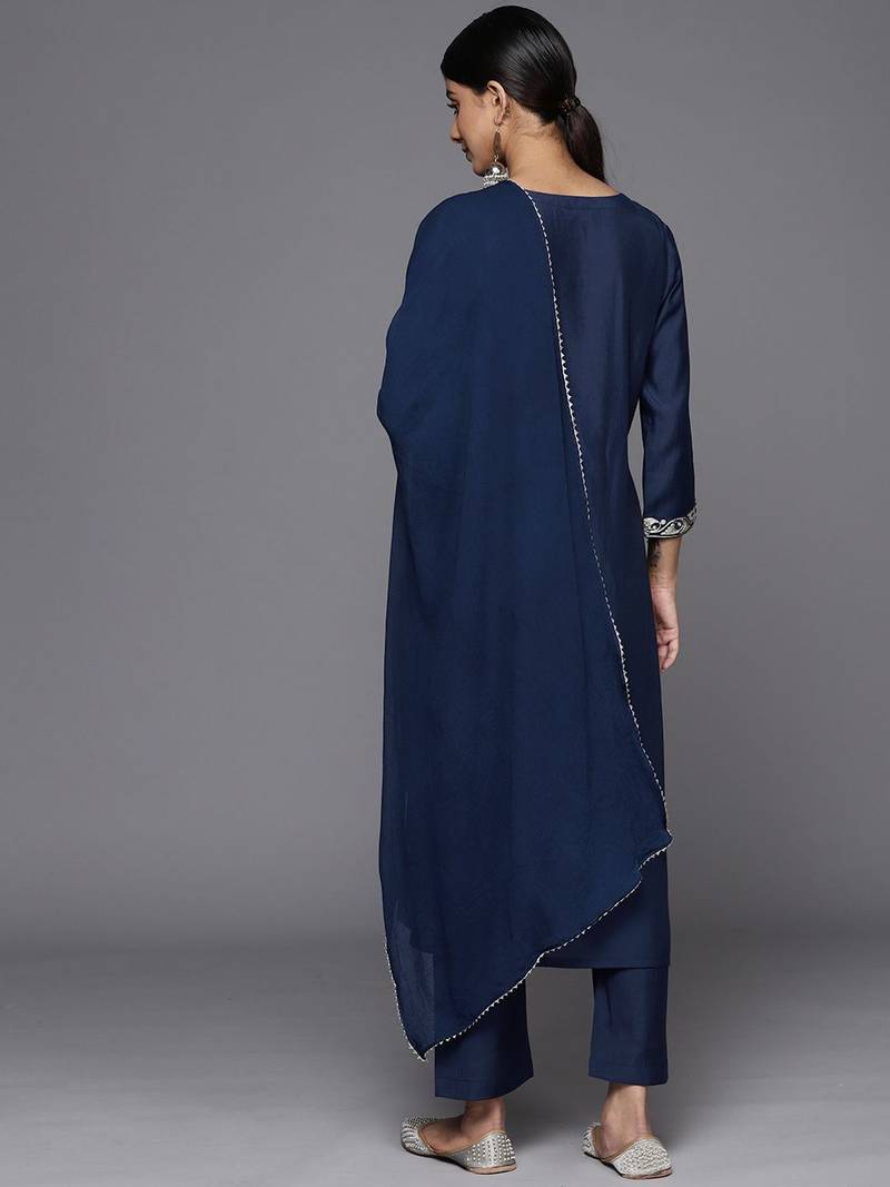 Floral Embroidered V-Neck Straight Kurta with Trousers & Dupatta