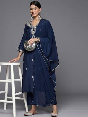 Floral Embroidered V-Neck Straight Kurta with Trousers & Dupatta 7