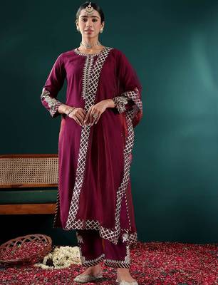 Women Ethnic Motifs Embroidered Regular Thread Work Kurta with Trousers & With Dupatta 1