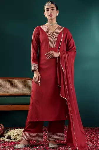 Women Yoke Design Regular Gotta Patti Silk Crepe Kurta with Trousers & With Dupatta