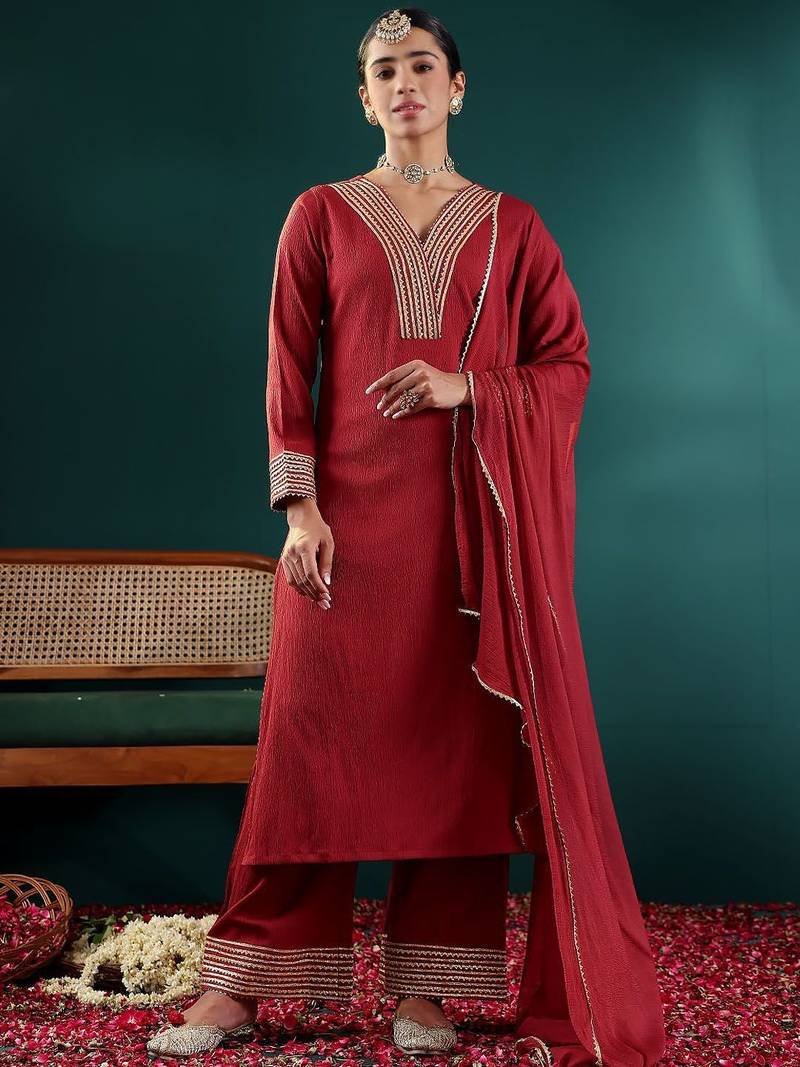 Women Yoke Design Regular Gotta Patti Silk Crepe Kurta with Trousers & With Dupatta