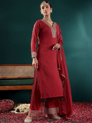 Women Yoke Design Regular Gotta Patti Silk Crepe Kurta with Trousers & With Dupatta 5