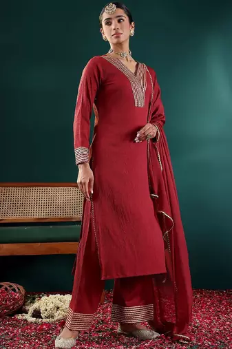 Women Yoke Design Regular Gotta Patti Silk Crepe Kurta with Trousers & With Dupatta