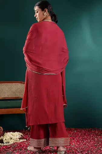 Women Yoke Design Regular Gotta Patti Silk Crepe Kurta with Trousers & With Dupatta