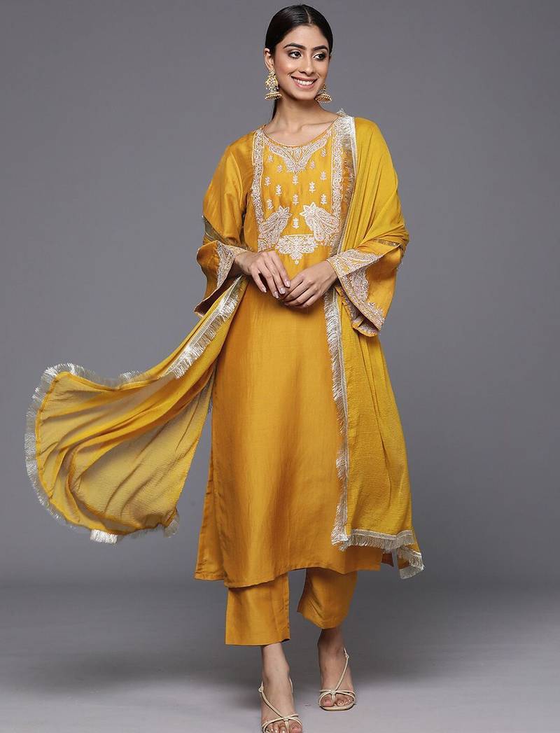 Floral Embroidered Regular Kurta with Trousers & With Dupatta
