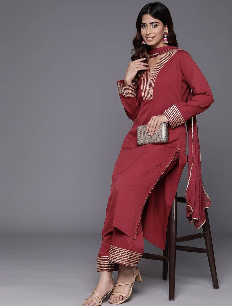 Women Regular Gotta Patti Silk Crepe Kurta with Trousers & With Dupatta