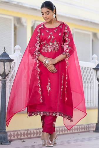 Floral Embroidered Pure Silk A-Line Kurta with Trouser & Dupatta