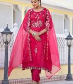 Floral Embroidered Pure Silk A-Line Kurta with Trouser & Dupatta