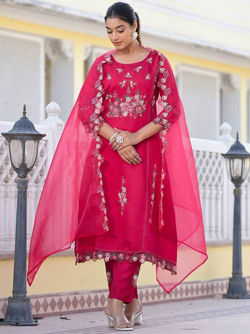 Floral Embroidered Pure Silk A-Line Kurta with Trouser & Dupatta