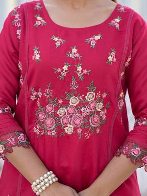 Floral Embroidered Pure Silk A-Line Kurta with Trouser & Dupatta 2