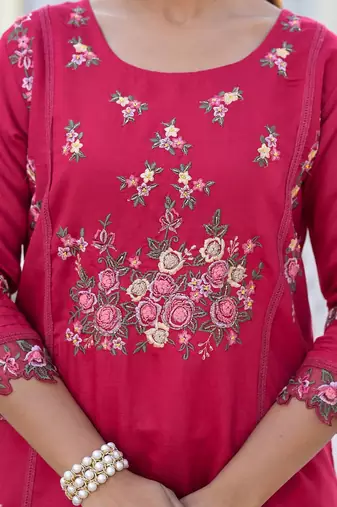 Floral Embroidered Pure Silk A-Line Kurta with Trouser & Dupatta