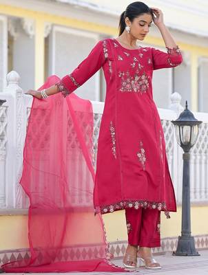 Floral Embroidered Pure Silk A-Line Kurta with Trouser & Dupatta 3