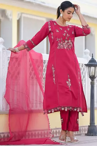 Floral Embroidered Pure Silk A-Line Kurta with Trouser & Dupatta