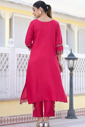 Floral Embroidered Pure Silk A-Line Kurta with Trouser & Dupatta