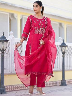 Floral Embroidered Pure Silk A-Line Kurta with Trouser & Dupatta 5