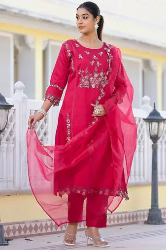 Floral Embroidered Pure Silk A-Line Kurta with Trouser & Dupatta